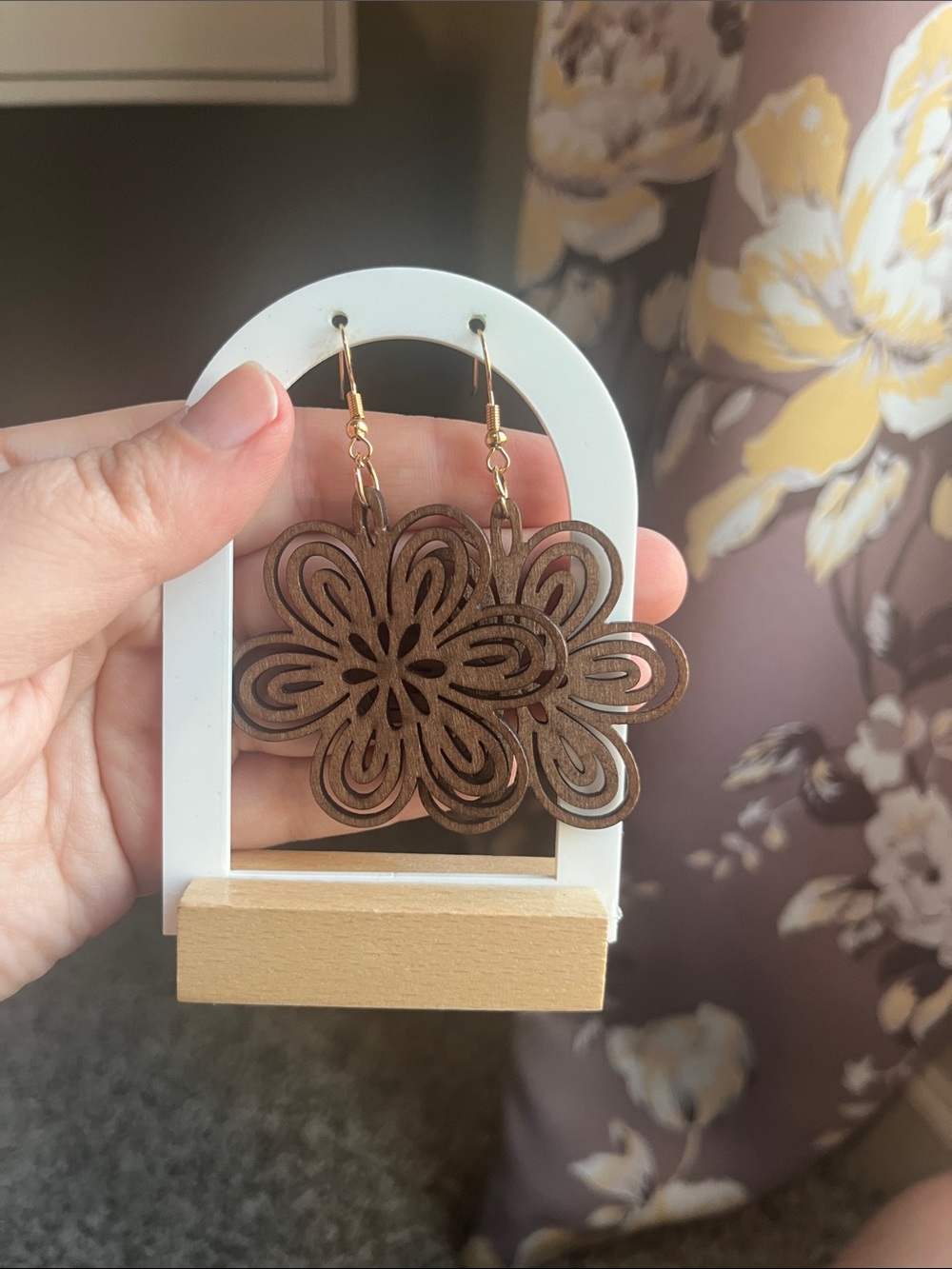 Coffee Brown Floral Wooden Drop Earrings